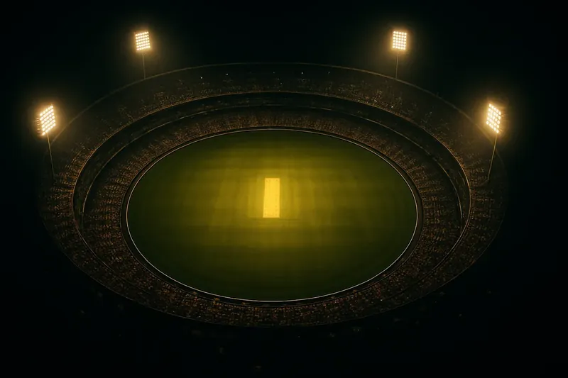 Aerial view of illuminated cricket stadium with packed stands at night
