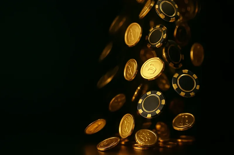 Golden coins and casino chips falling with green neon lighting