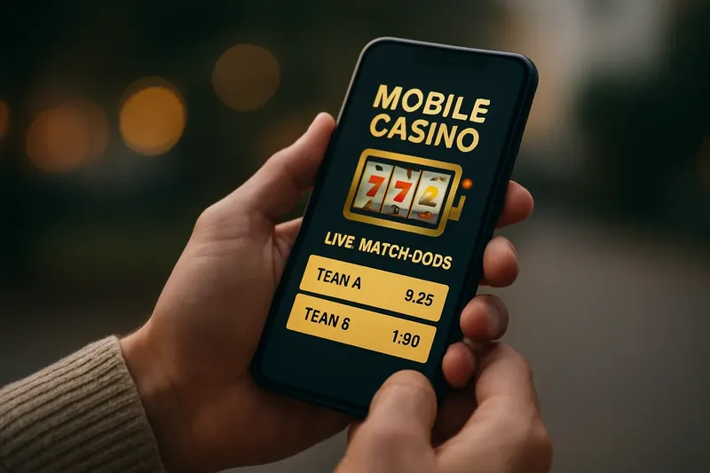 Hands holding smartphone with mobile casino interface and live match odds