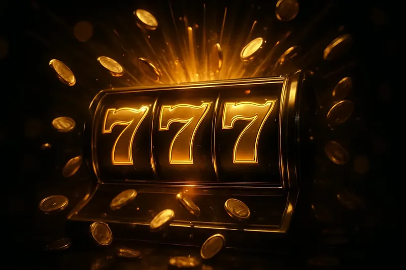 Slot machine jackpot with golden 777, coins, and neon light beams